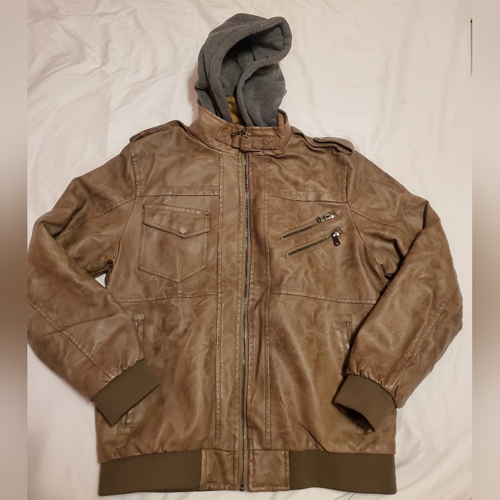 Brown Faux Leather Jacket with Gray Hood
